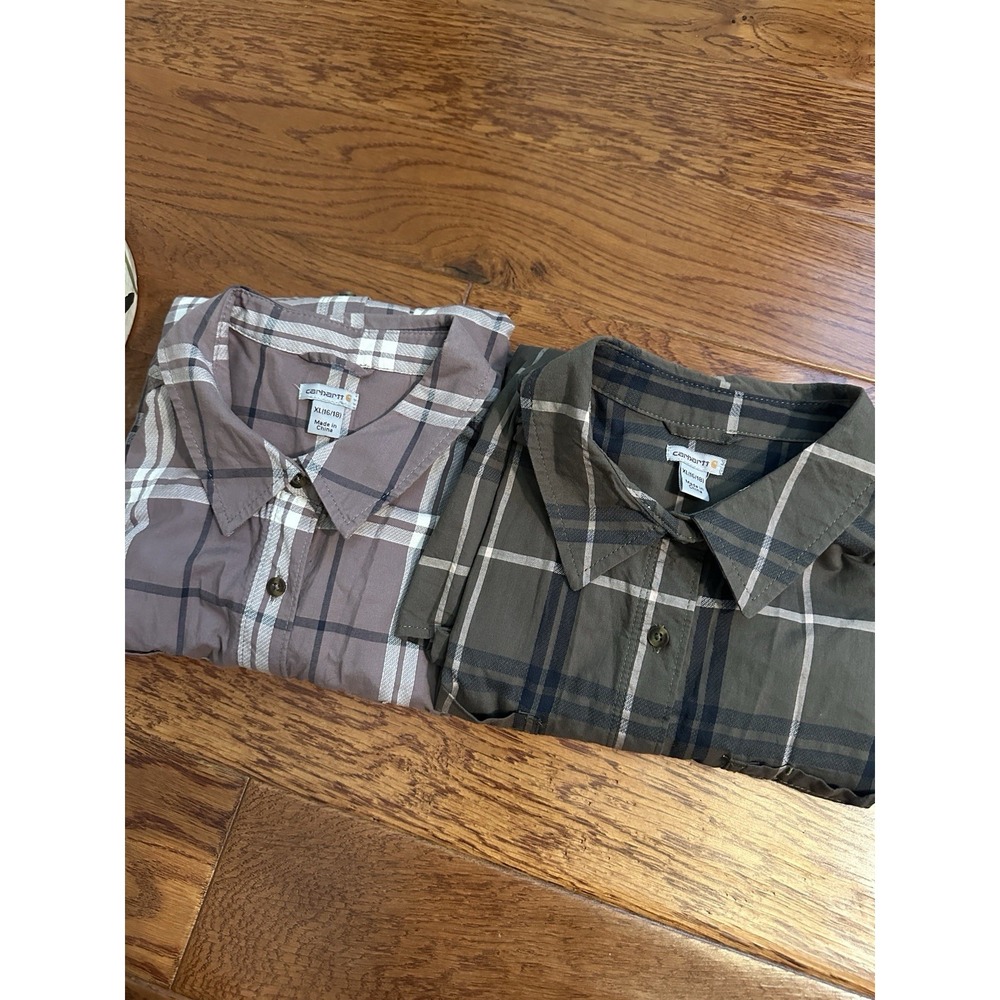 Lot of 2 Carhartt Boys Shirts XL 16/18 Plaid Button Up Long Sleeve Cotton Kid